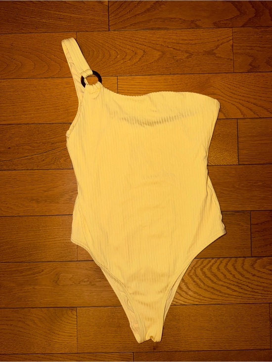 Topshop Tops - Topshop One-Shoulder Yellow Ribbed Bodysuit with Ring Strap